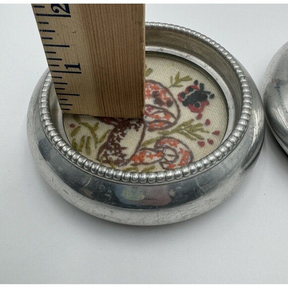 Vintage Embroidered Coasters Mushrooms Decorative Silver Tone Metal Set Of 2 HK - Picture 11 of 11
